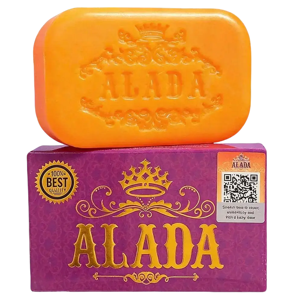 Vibrant orange alada cleansing soap bar with embossed crown on purple packaging for skin feeling bright