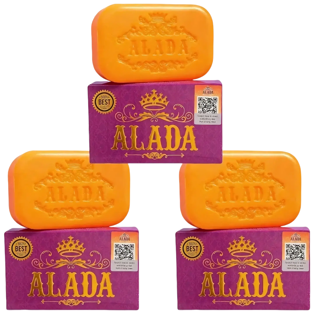 Orange alada cleansing soap bars with embossed crown on purple box designed for skin feeling bright and refreshed