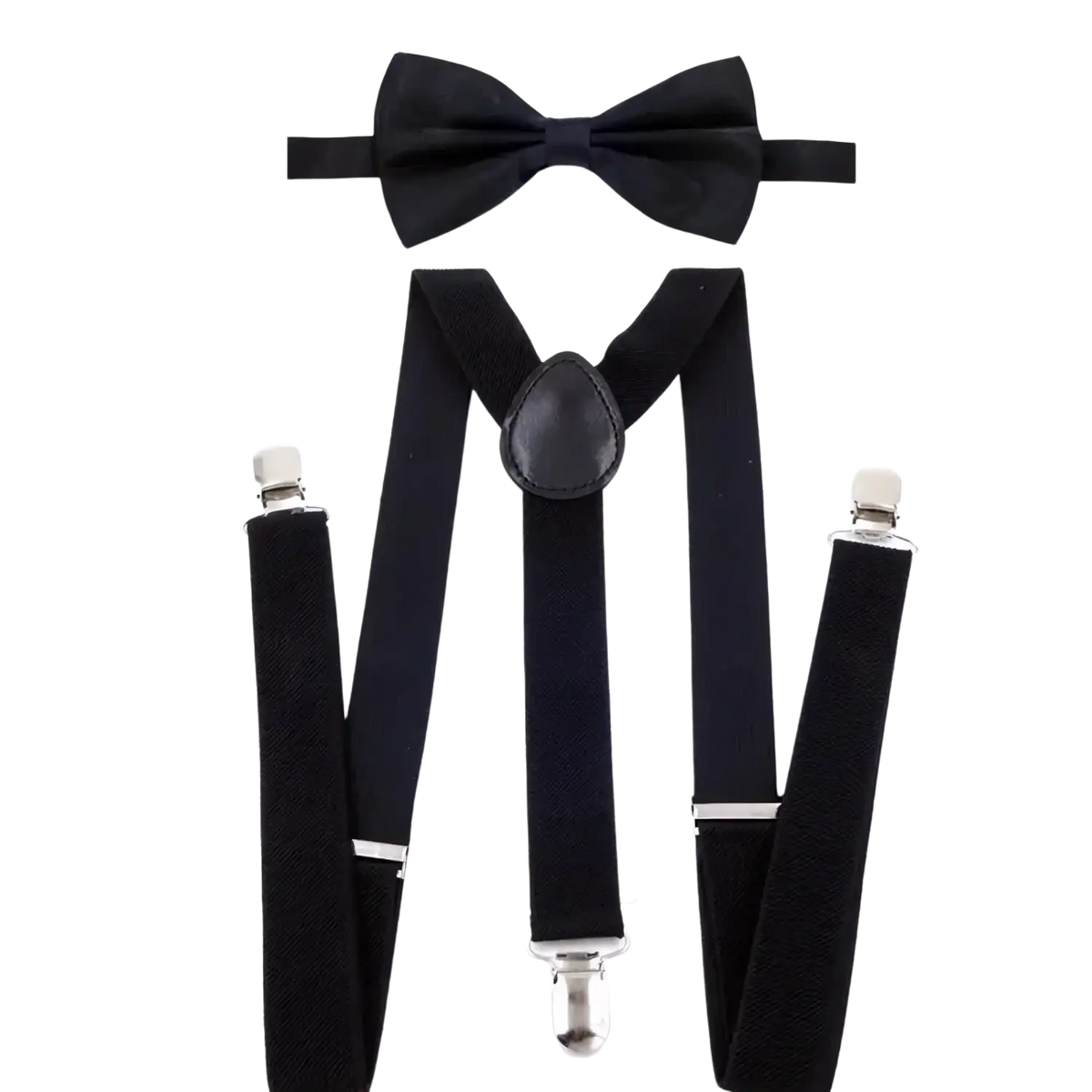 Black bow tie with smooth matte finish and matching black suspenders with silver clasps from orange costume set with hat and sunglasses