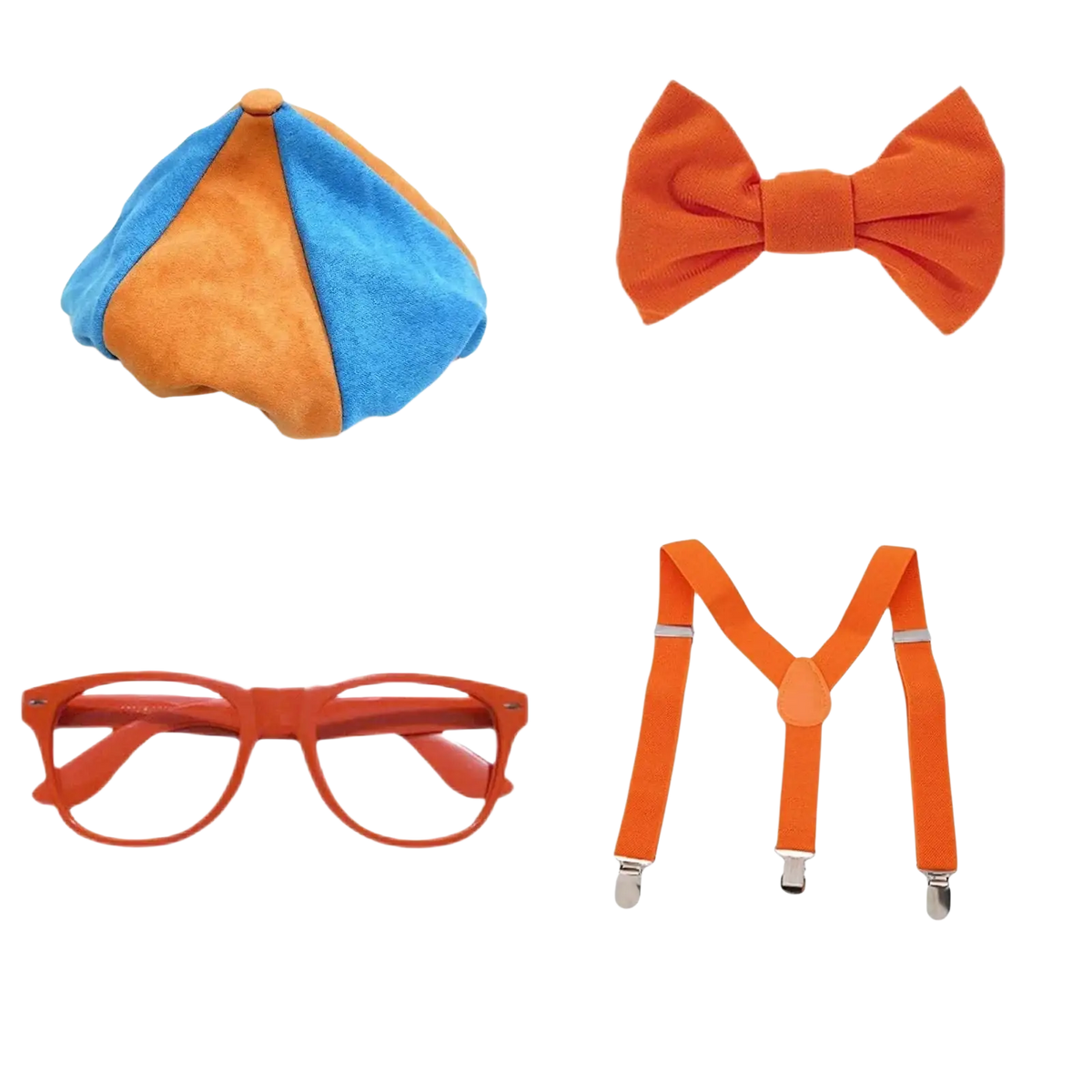 Orange bow tie with a textured fabric finish as part of an orange costume set with hat and sunglasses
