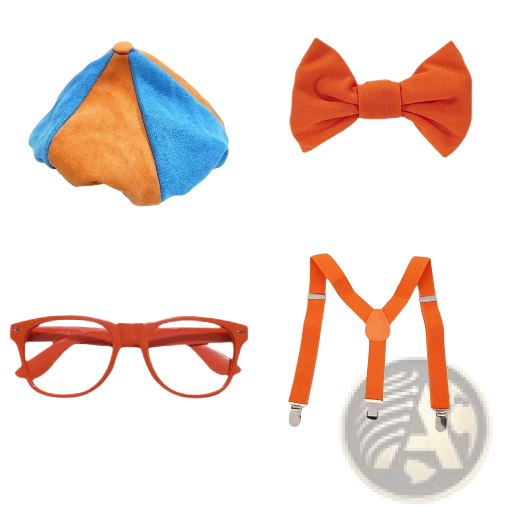 Orange bow tie with a textured fabric finish as part of an orange costume set with hat and sunglasses