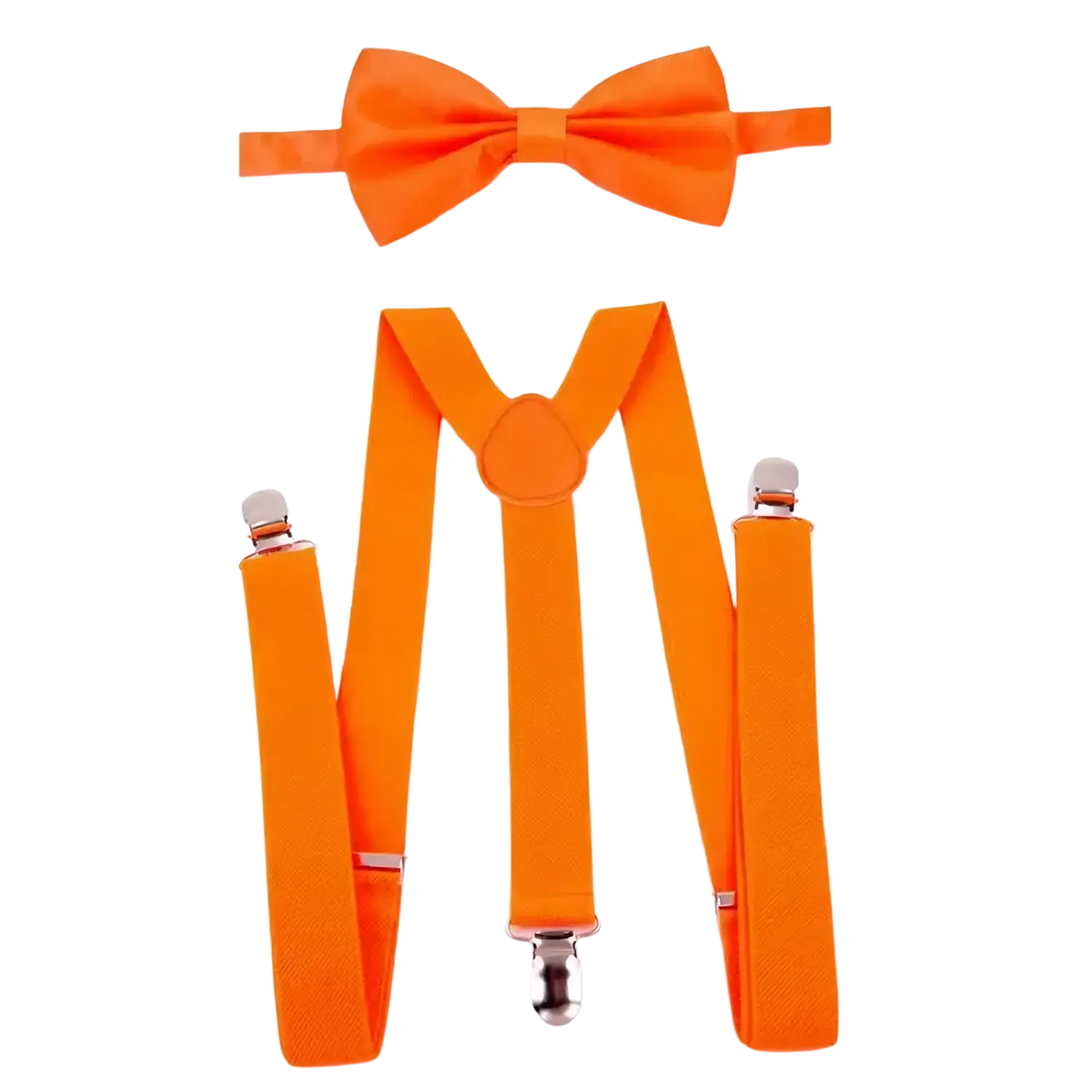 Orange costume set featuring bright orange bow tie and matching suspenders with silver clasps for festive wear