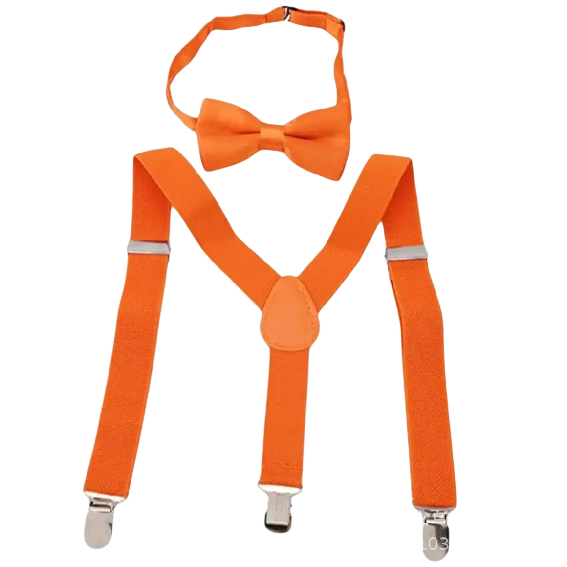 Bright orange fabric suspenders with silver clasps and matching bow tie from orange costume set with hat and sunglasses