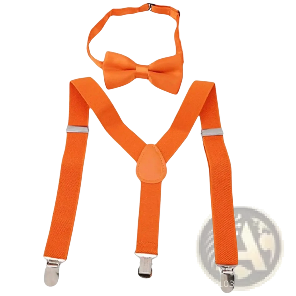 Orange costume set featuring bright orange fabric suspenders with silver metal clasps and a matching bow tie