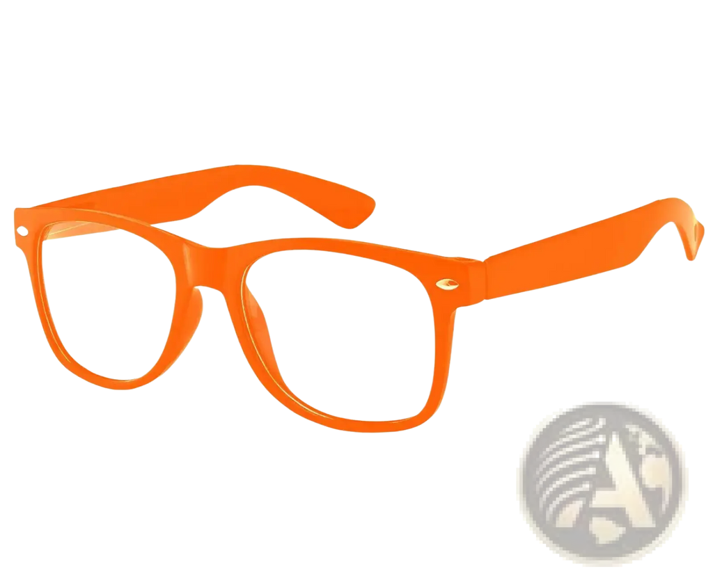 Bright orange plastic retro-style rectangular sunglasses from orange costume set with hat and sunglasses