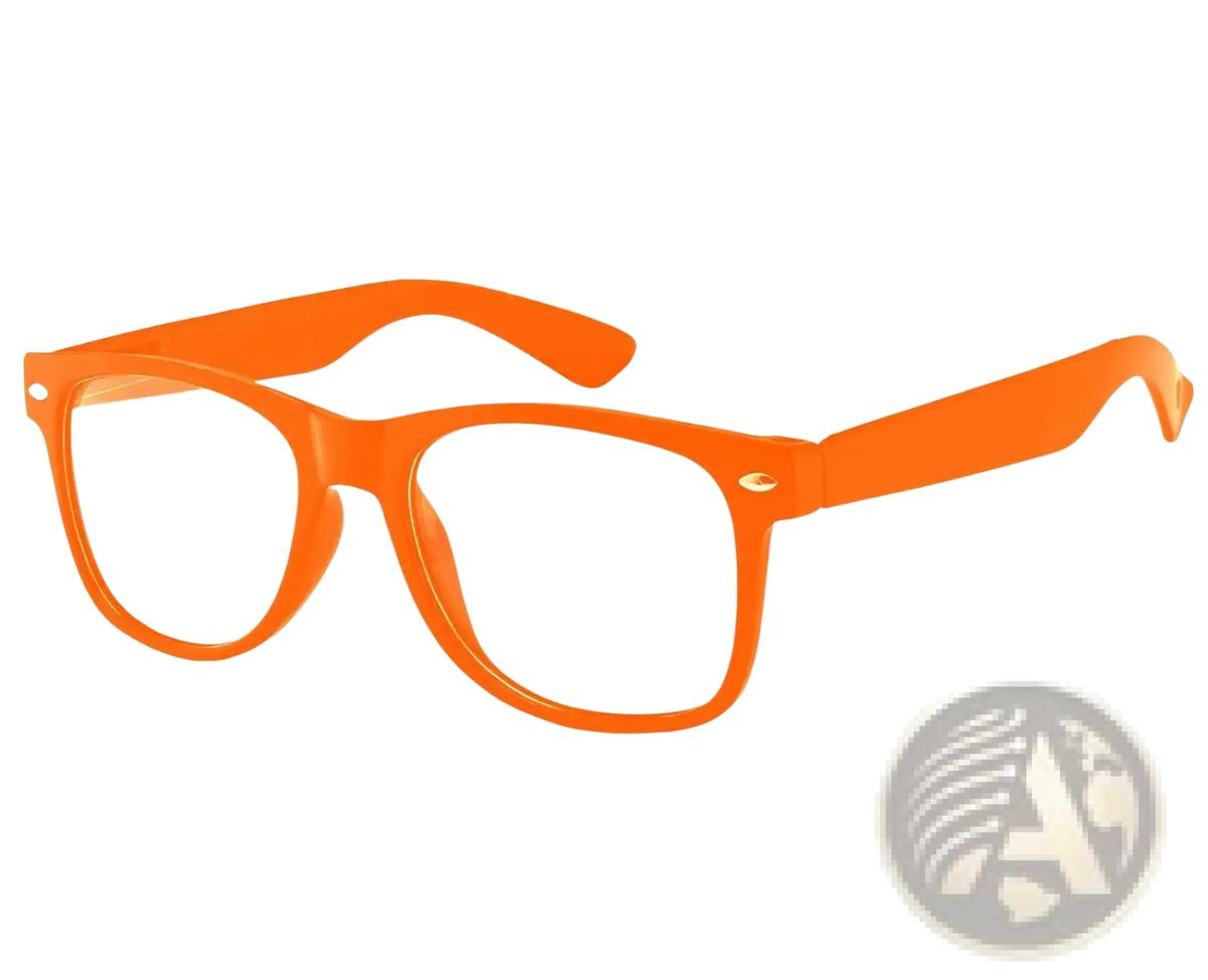 Bright orange plastic retro-style rectangular sunglasses from orange costume set with hat and sunglasses