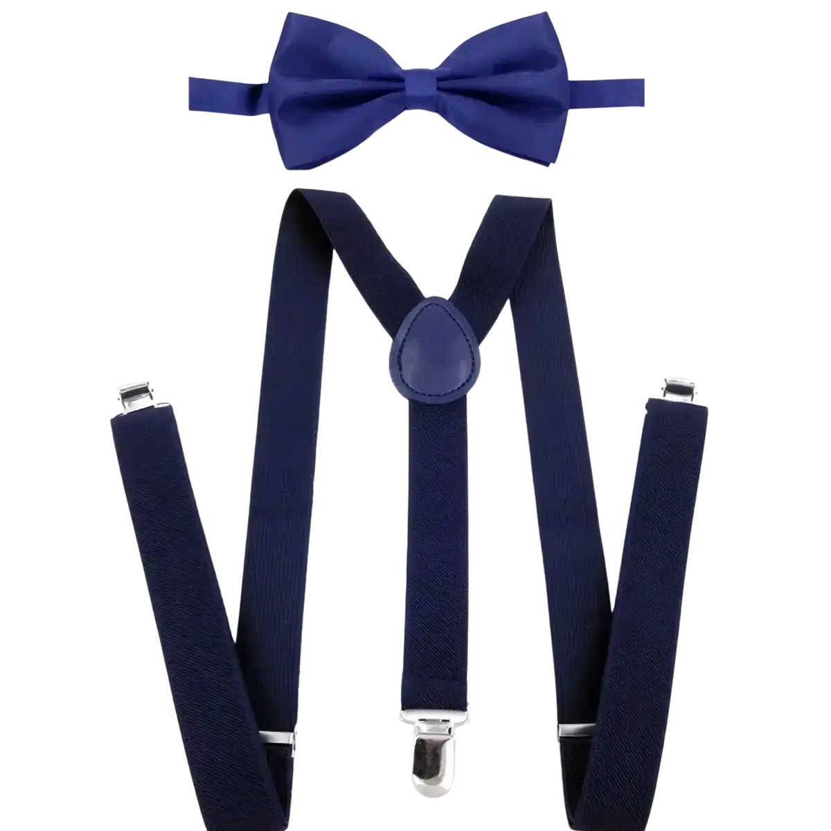 Navy blue bow tie and suspenders set with silver clasps complementing an orange costume set with hat and sunglasses