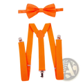 Orange costume set featuring bright orange bow tie and matching suspenders with silver clasps for festive wear