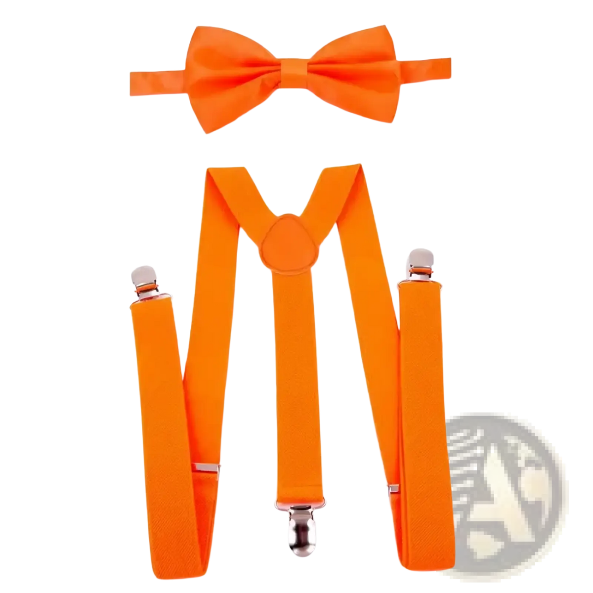Orange costume set featuring bright orange bow tie and matching suspenders with silver clasps for festive wear