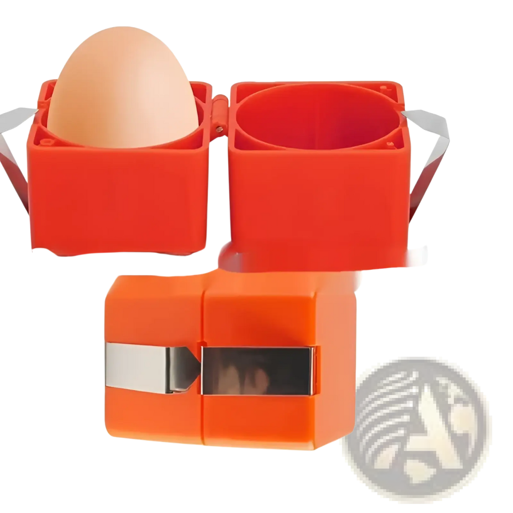 Bright orange foldable egg opener portable kitchen separator tool with a single brown egg in its open compartment