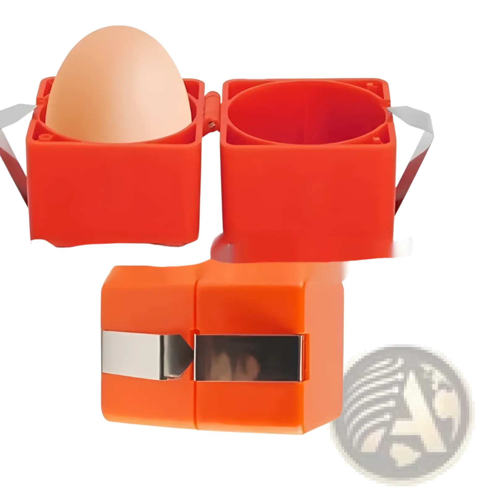 Bright orange foldable egg opener portable kitchen separator tool with a single brown egg in its open compartment