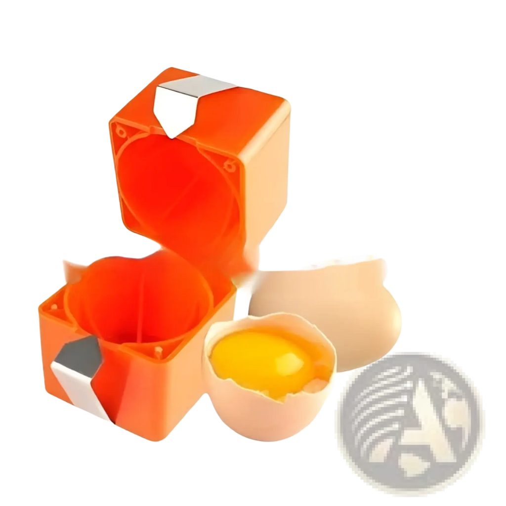 Orange cube-shaped egg separator with silver metallic accents for portable kitchen use and easy egg opening