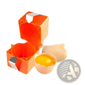 Orange cube-shaped egg separator with silver metallic accents for portable kitchen use and easy egg opening