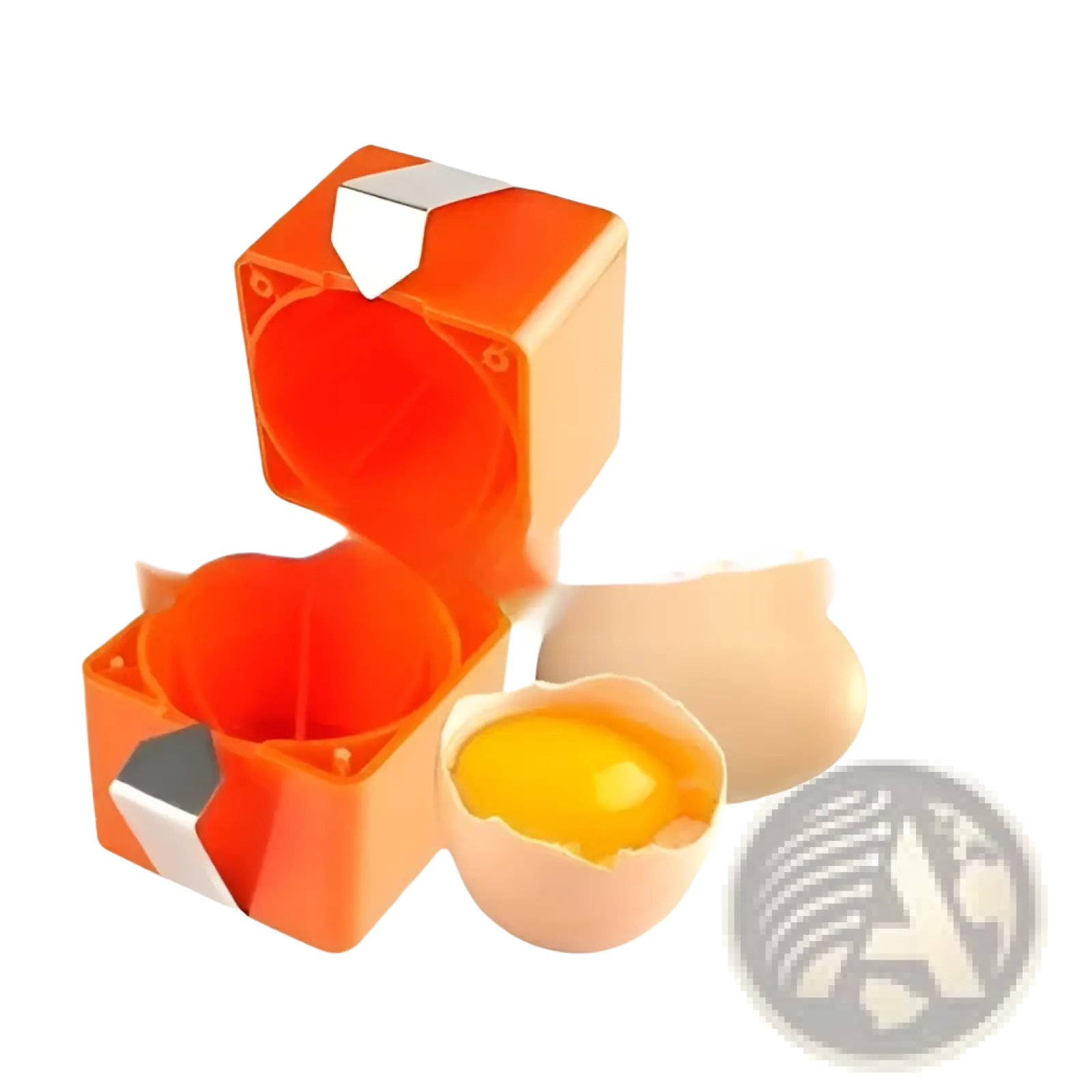 Orange cube-shaped egg separator with silver metallic accents for portable kitchen use and easy egg opening