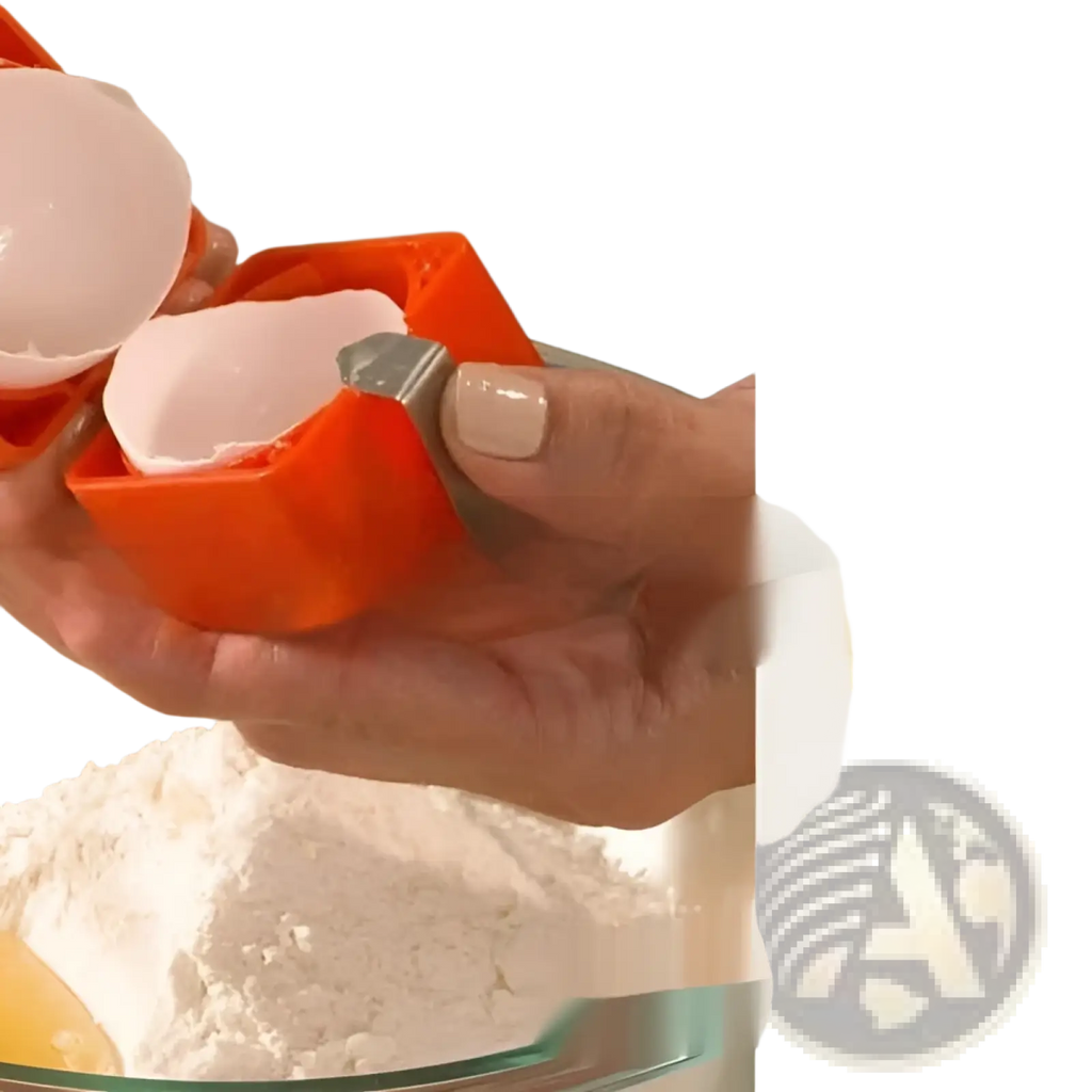 Orange eggshell cracker with a silver metal clip designed as a portable kitchen separator tool for eggshells