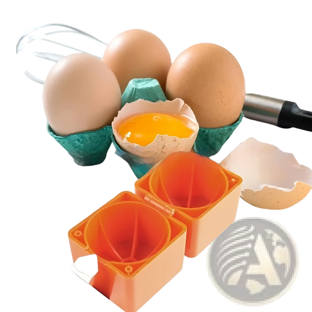 Orange plastic egg opener portable kitchen separator tool with two compartments and hinge mechanism for easy use