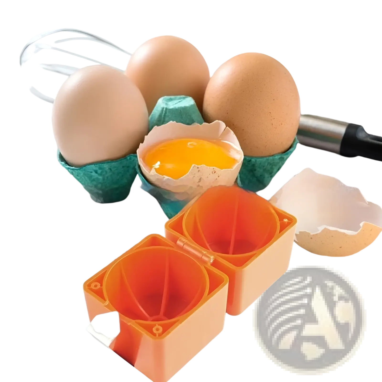 Orange plastic egg opener portable kitchen separator tool with two compartments and hinge mechanism for easy use