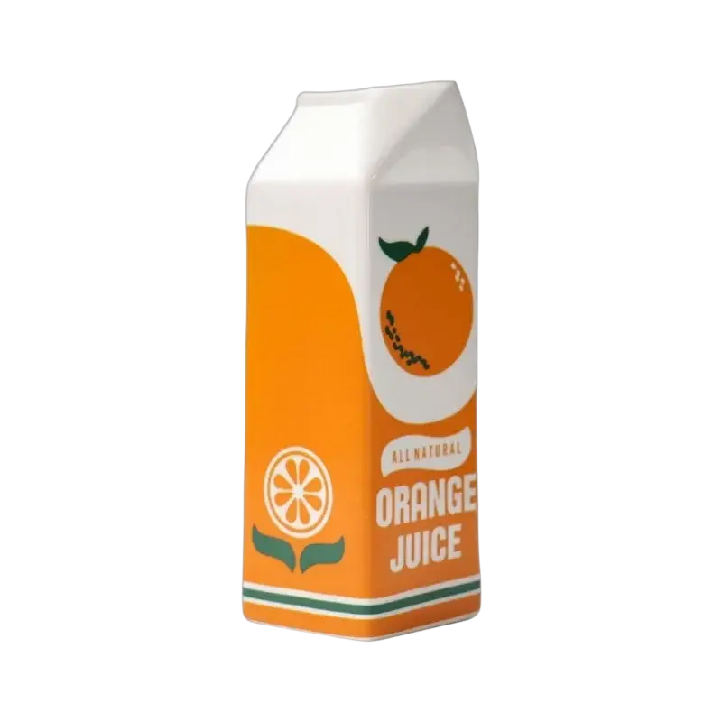 A retro-style orange juice carton ceramic vase with vibrant orange white design featuring oranges and green leaves