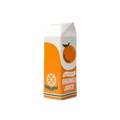 A white and orange ceramic vase shaped like an all natural orange juice carton with a green stripe at the bottom