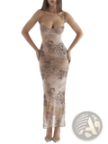 Orange lace trim mesh midi dress in taupe sheer bodycon fabric with floral and leopard print pattern