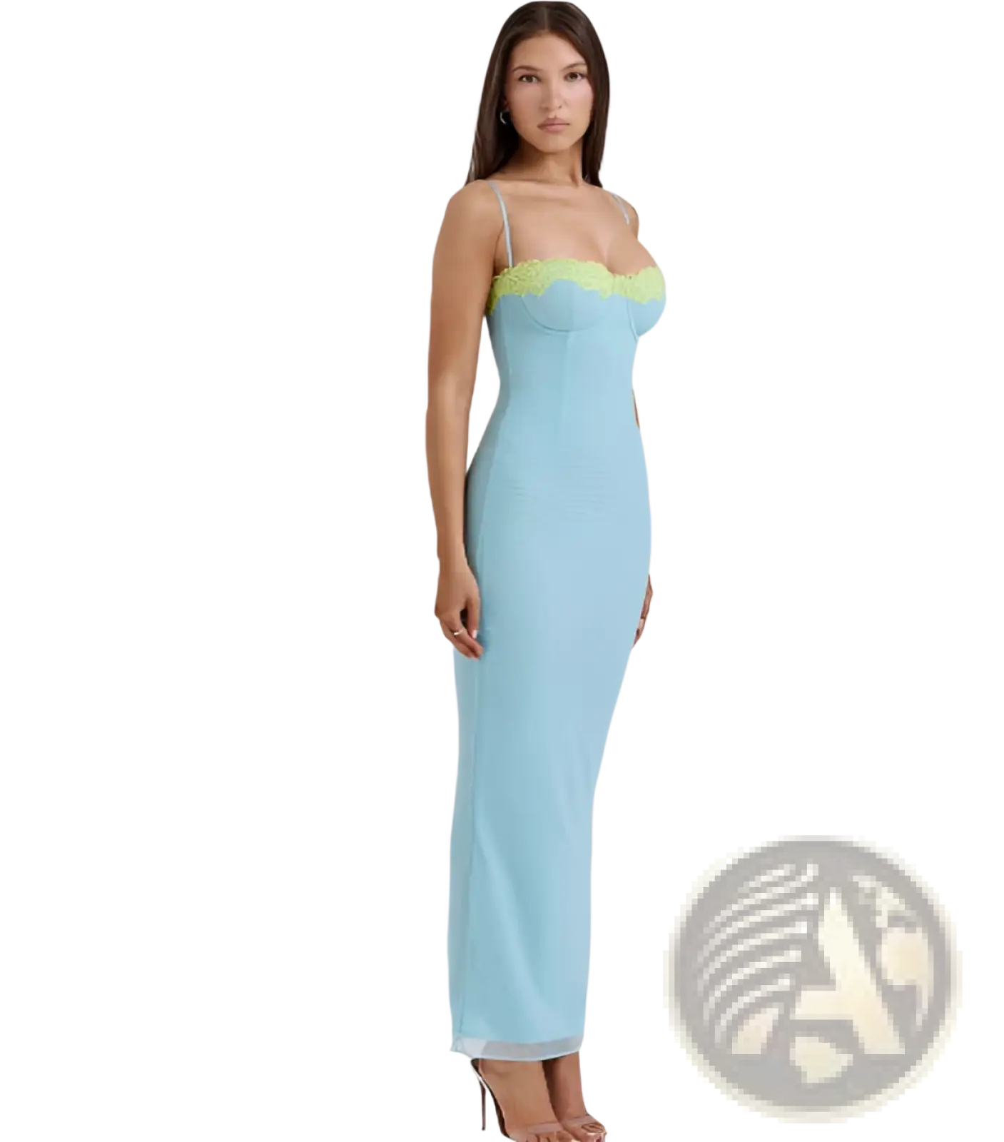 Orange lace trim mesh midi dress in light blue with form-fitting design and vibrant lime green lace trim on neckline