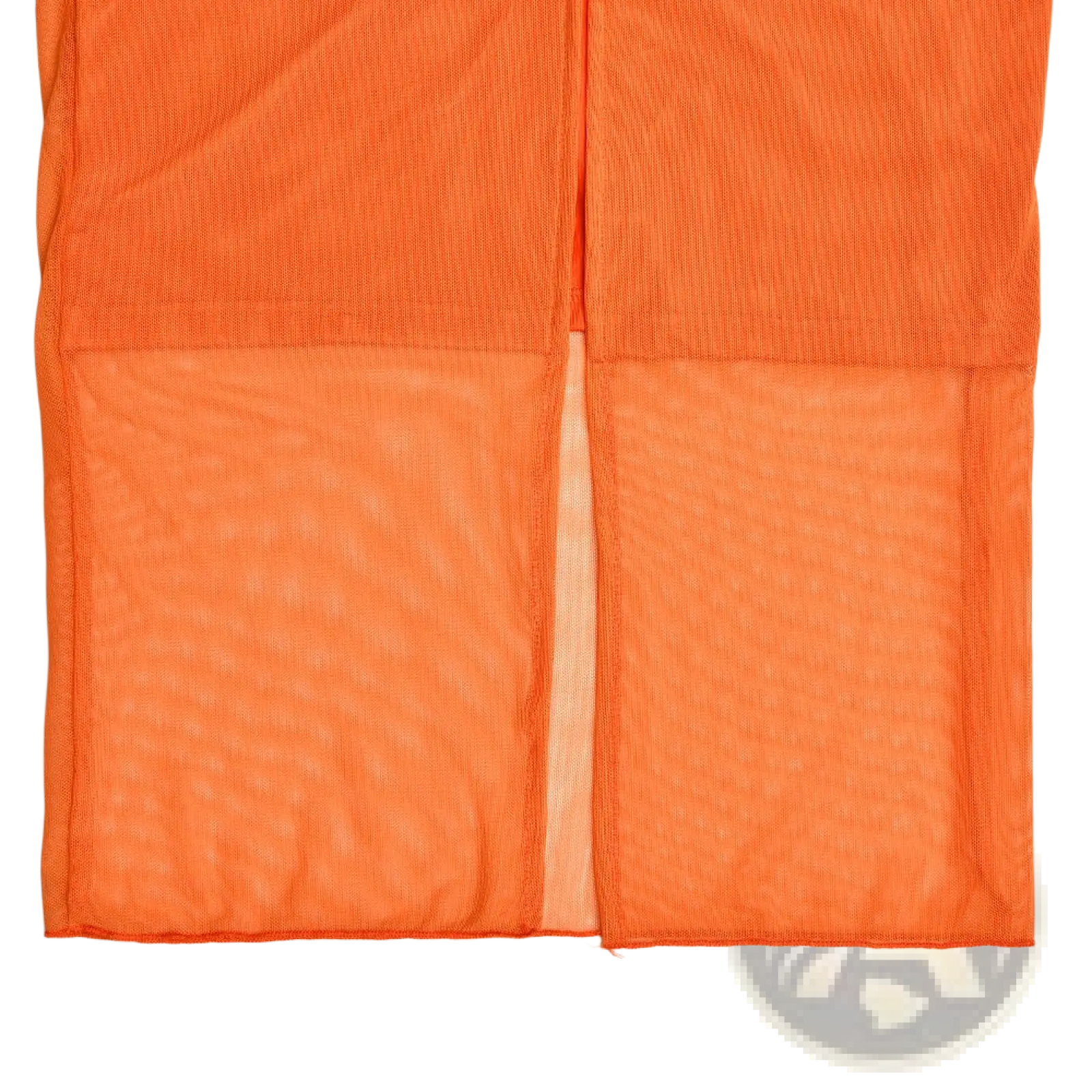 Orange lace trim mesh midi dress featuring bright orange corduroy pants with sheer mesh panel at the lower half