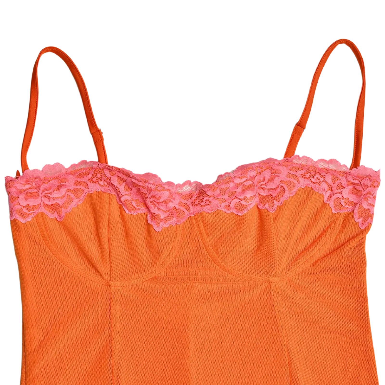 Orange lace trim mesh midi dress featuring an orange spaghetti strap top with pink floral lace trim detail