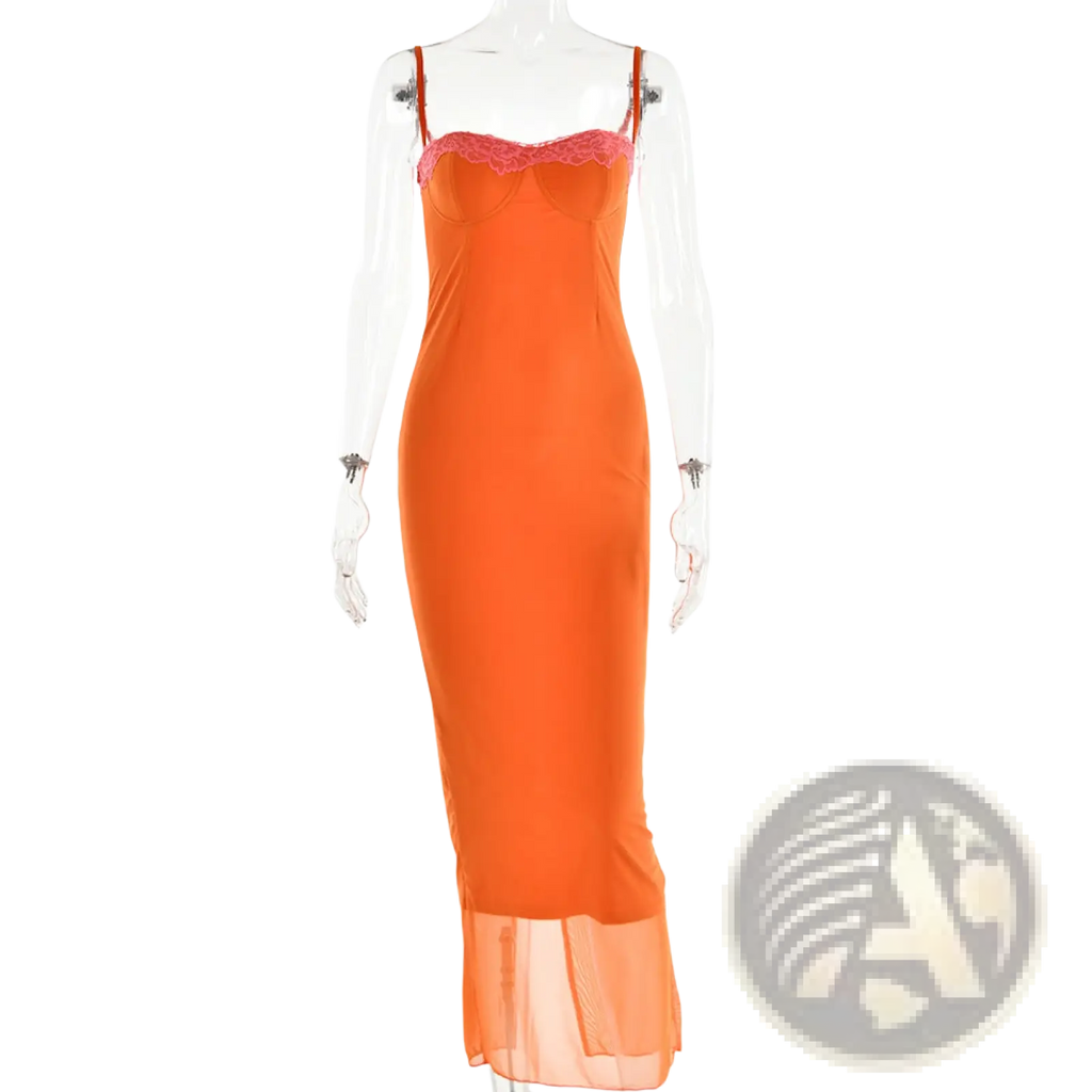 A vibrant orange midi dress with pink lace trim at neckline and sheer mesh detailing along the hem