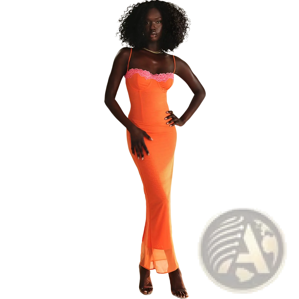Vibrant orange strapless mermaid mesh midi dress with pink lace trim at the neckline for elegant occasions