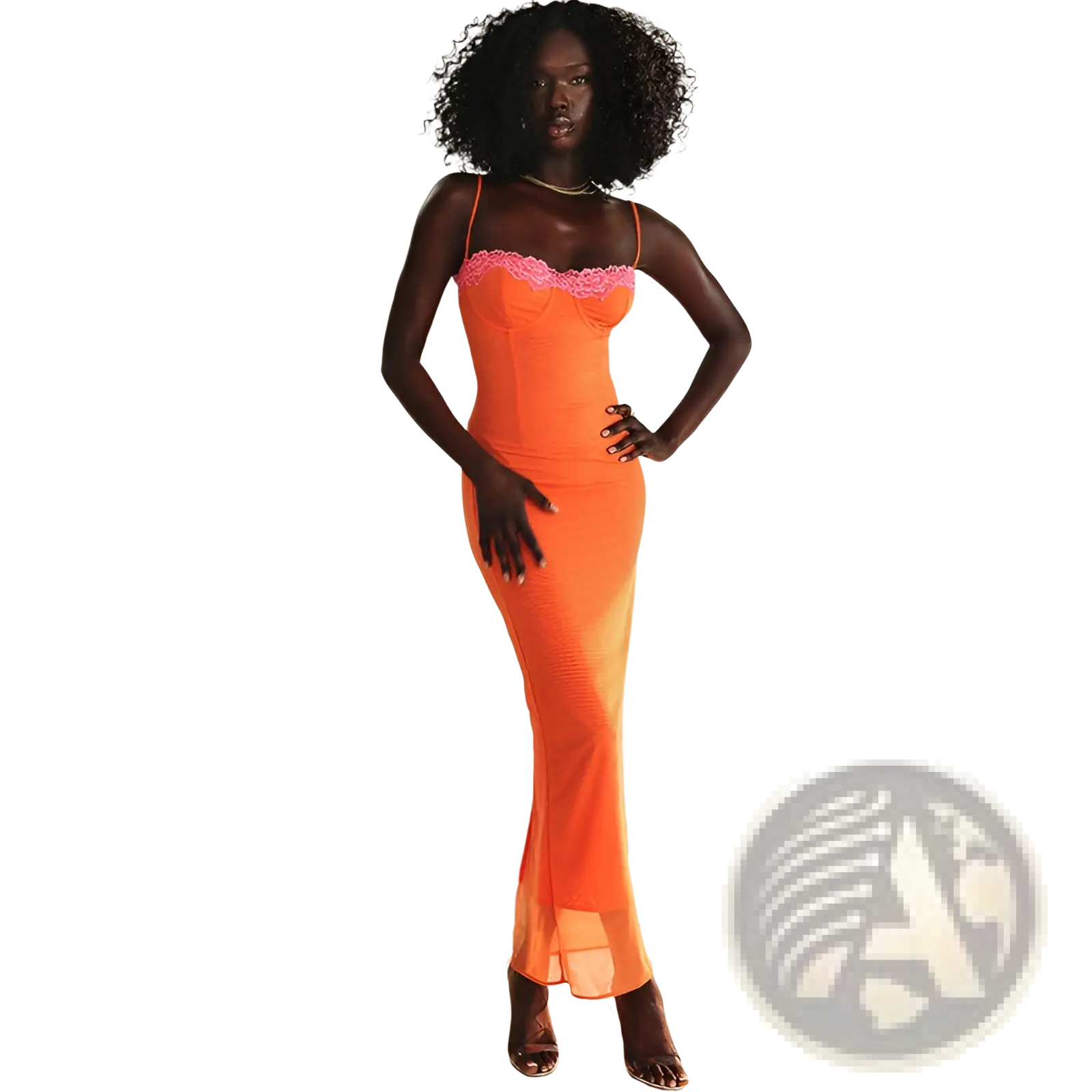 Vibrant orange strapless mermaid mesh midi dress with pink lace trim at the neckline for elegant occasions