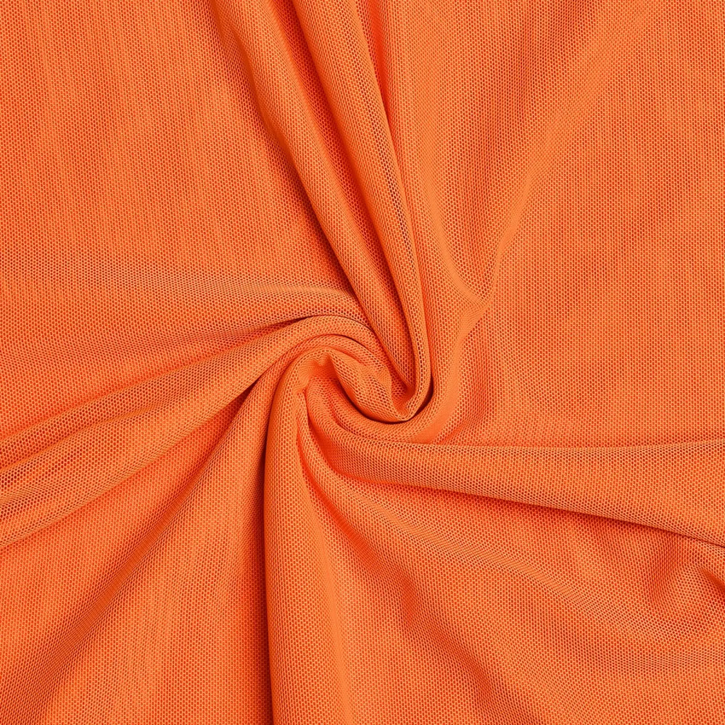 Orange lace trim mesh midi dress made of vibrant orange stretch mesh fabric with a fine uniform knit texture