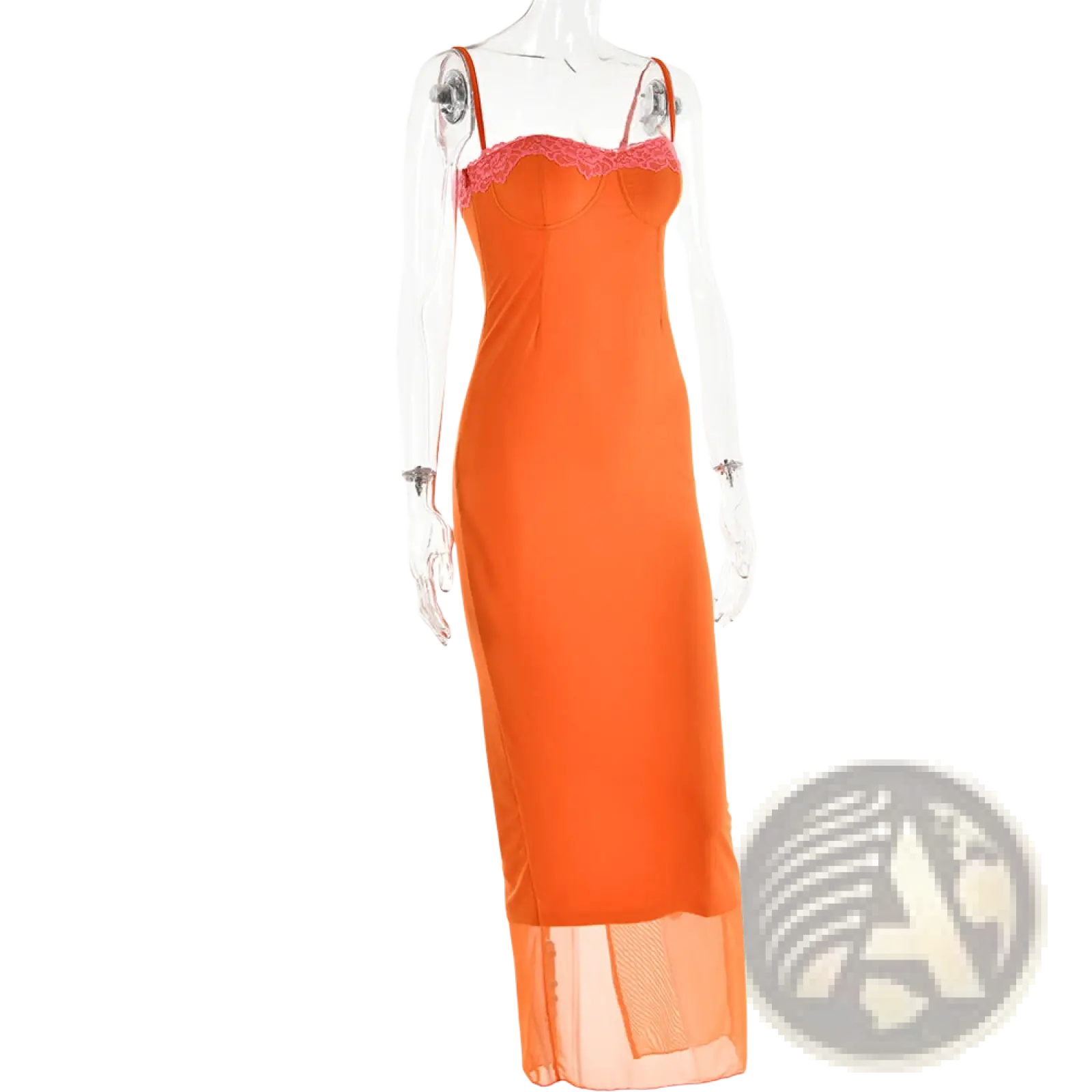 A vibrant orange lace trim mesh midi dress with pink lace neckline and sheer mesh detailing along the hem