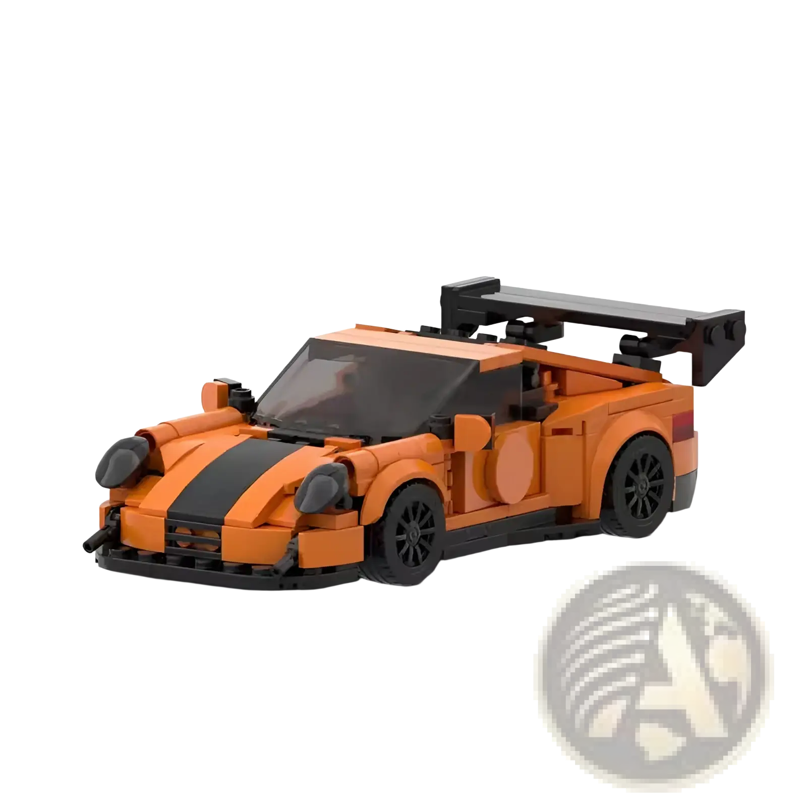 Orange and black lego sports car building block set with 384pcs featuring a prominent rear spoiler shown from the back side