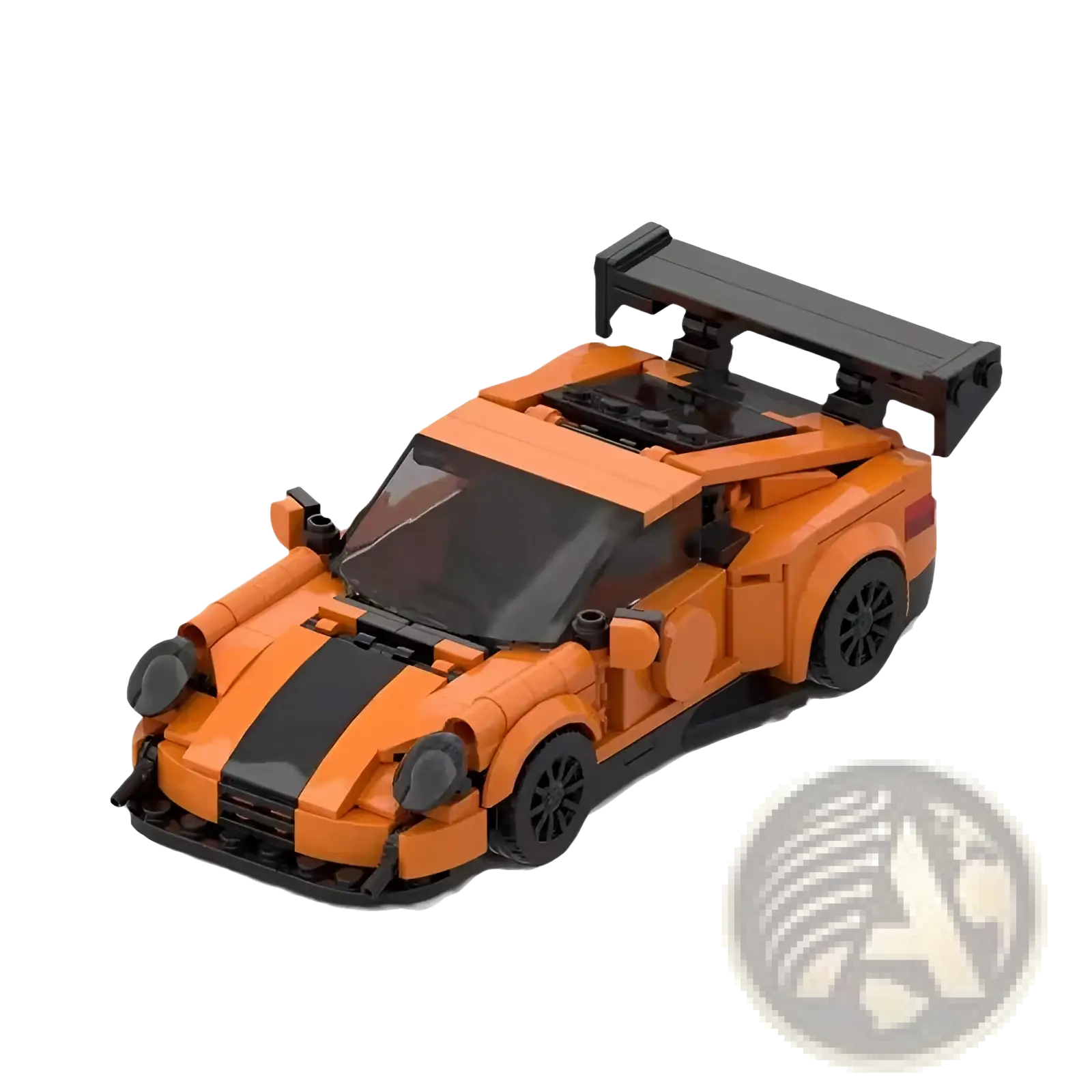 Orange and black lego sports car building block set 384pcs showing rear side with prominent spoiler in plastic bricks