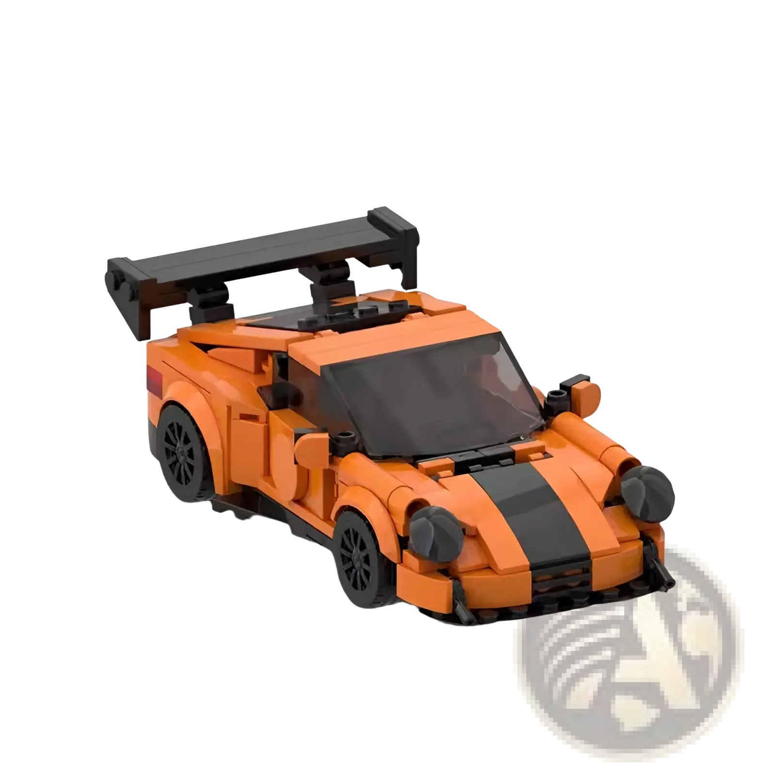 Orange and black lego sports car building block set with a prominent rear spoiler and 384 pieces
