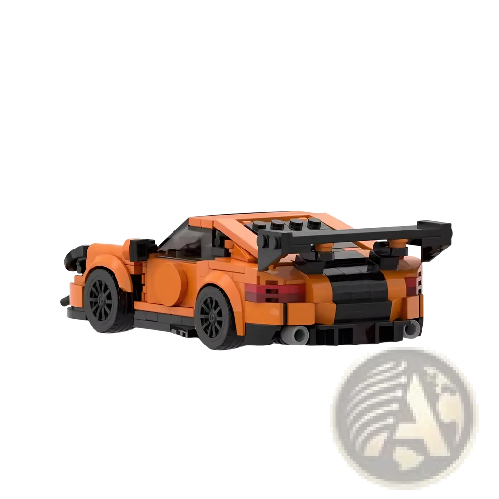 Orange lego sports car building block set 384pcs featuring an orange and black lego race car with a rear spoiler