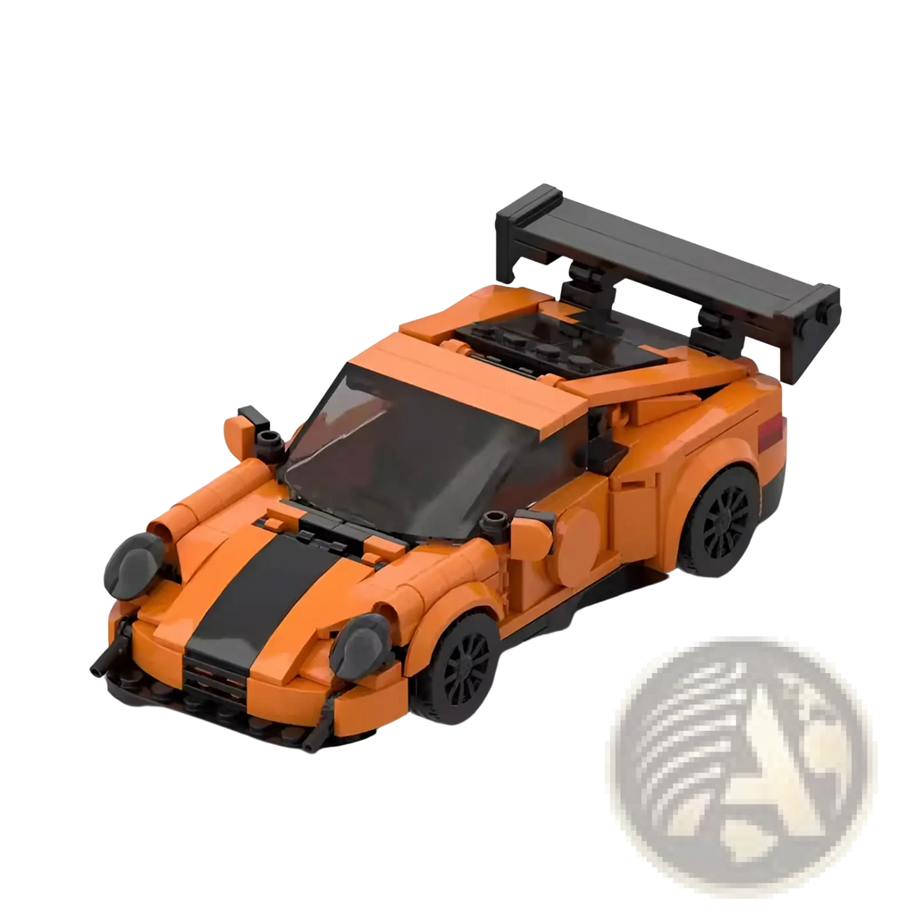 Orange lego sports car building block set 384pcs showing the back with a prominent rear spoiler in orange and black