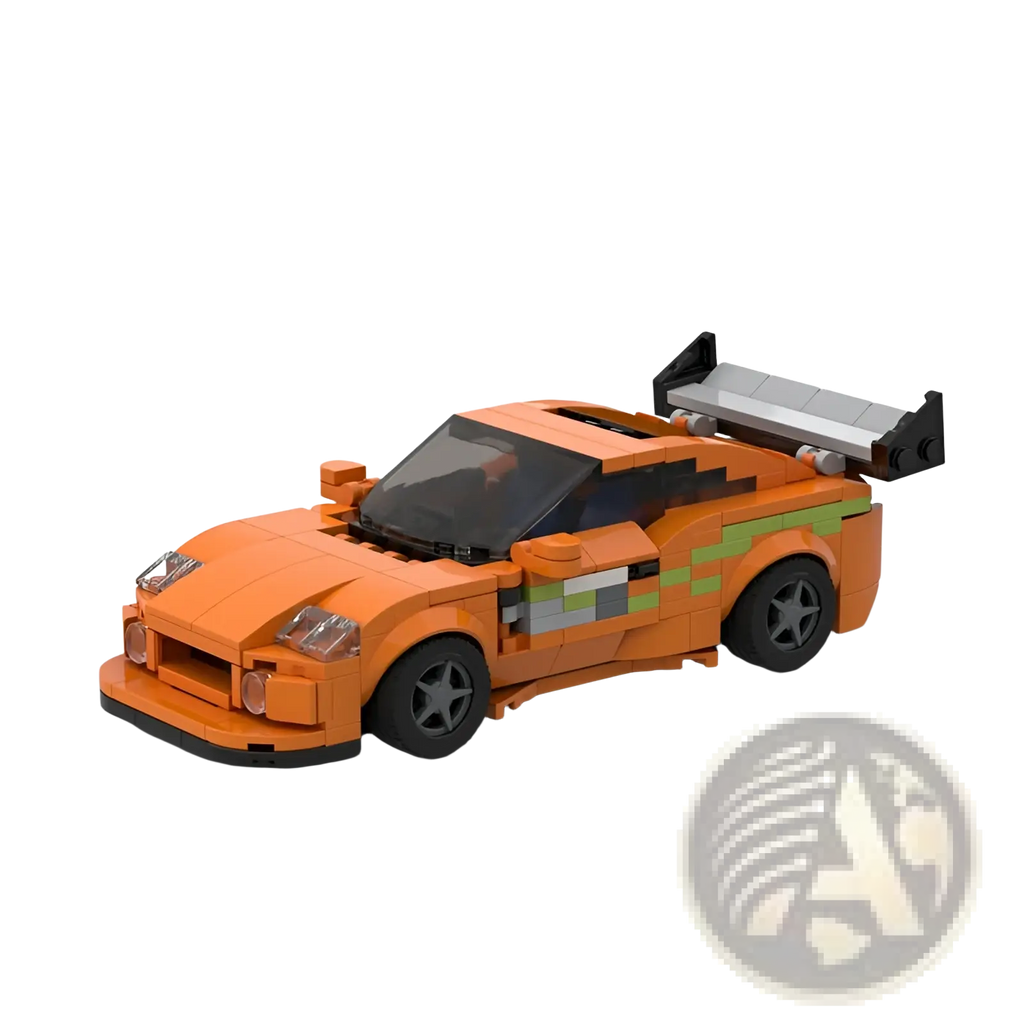 Orange Lego Technic sports car with green and gray pixelated decals black wheels and rear spoiler in racing style