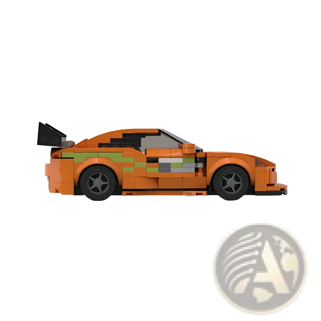 Orange Lego Technic sports car with green and gray racing stripes black wheels and rear spoiler building blocks set