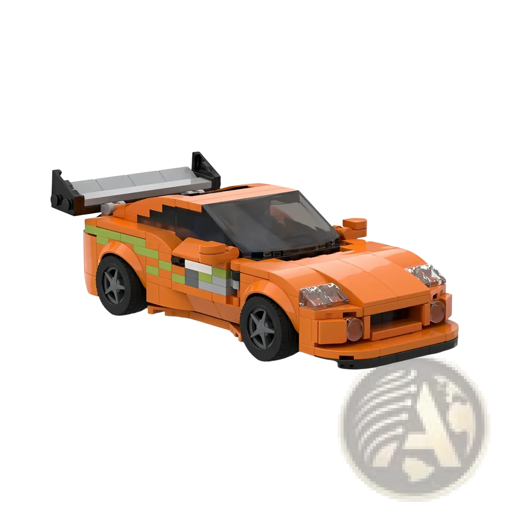 Orange lego technic sports car model with green accents black wheels and gray rear spoiler for racing building blocks