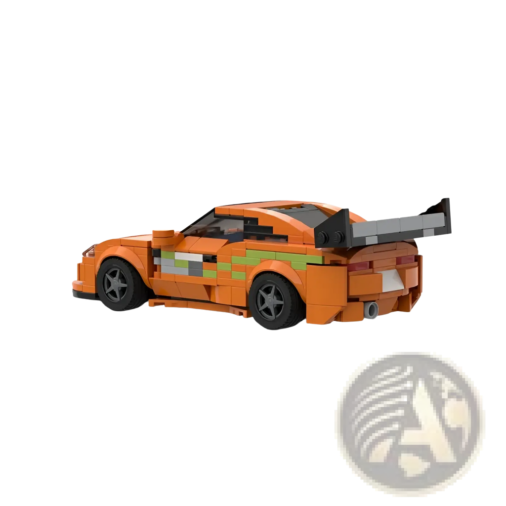 Orange lego technic sports car with green and gray pixelated racing stripes made of building blocks