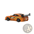 Orange lego technic sports car with green and gray pixelated racing stripes made of building blocks