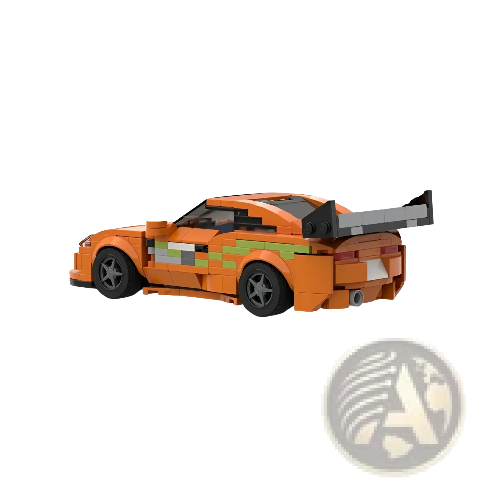 Orange lego technic sports car with green and gray pixelated racing stripes made of building blocks