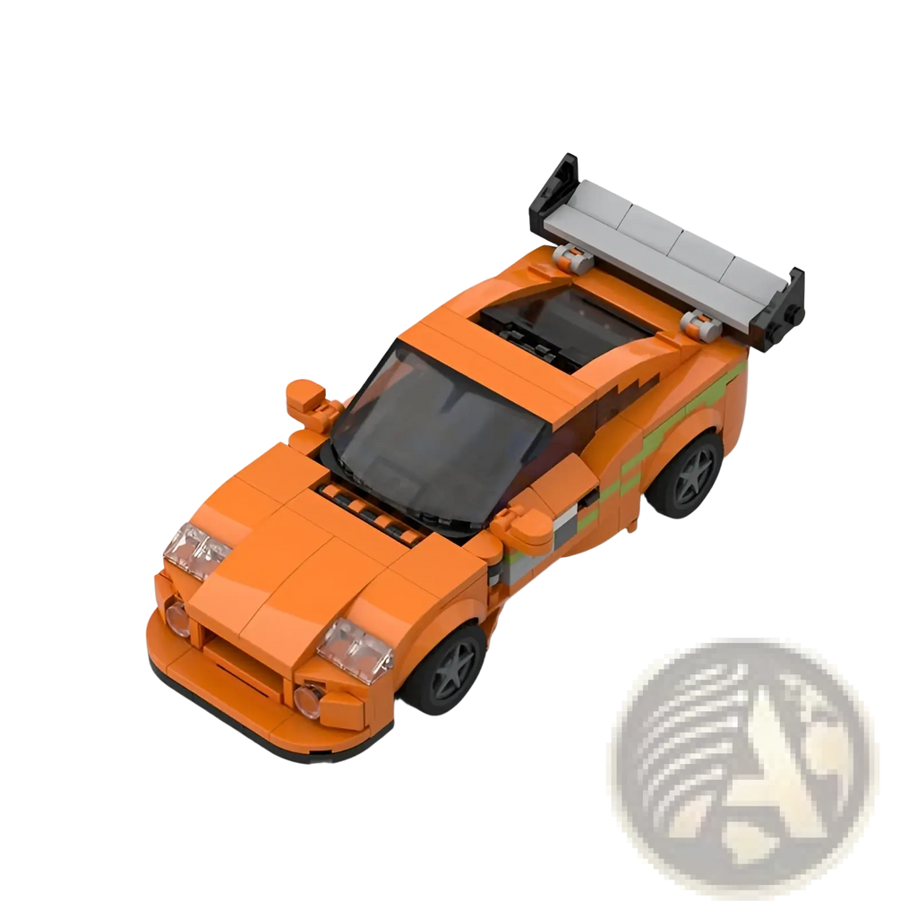 Orange Lego Technic sports car with green racing stripes and gray rear spoiler made of building blocks for racing
