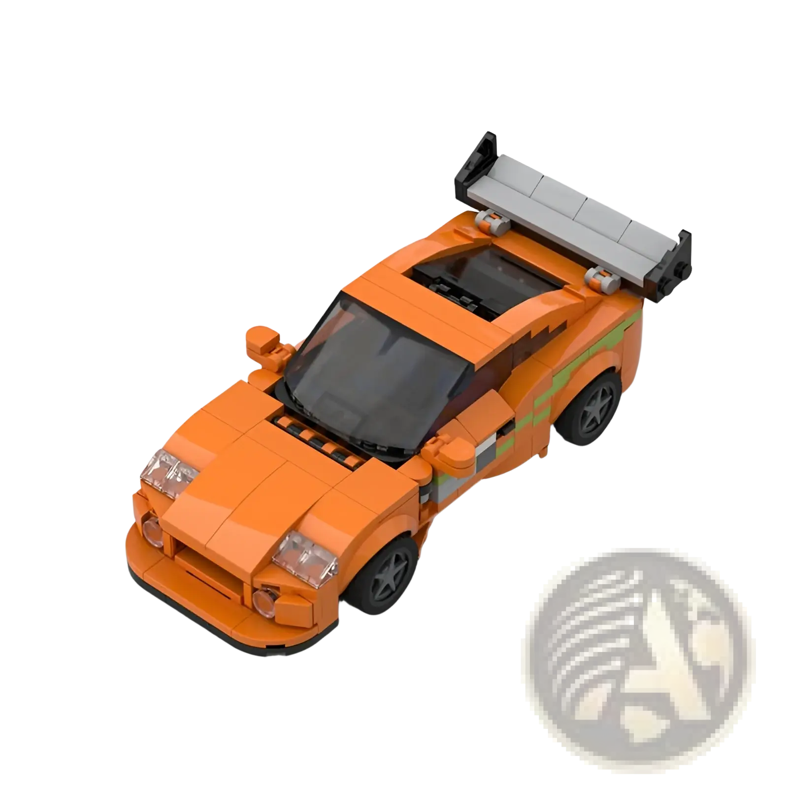 Orange Lego Technic sports car with green racing stripes and gray rear spoiler made of building blocks for racing