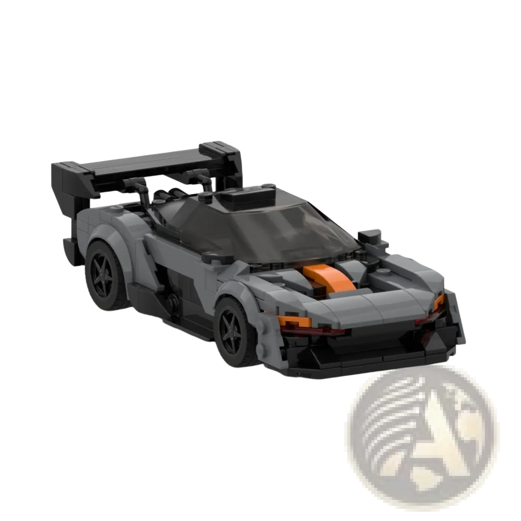 Gray and black lego McLaren race car with orange accents from the orange McLaren Speedtail building block toy set