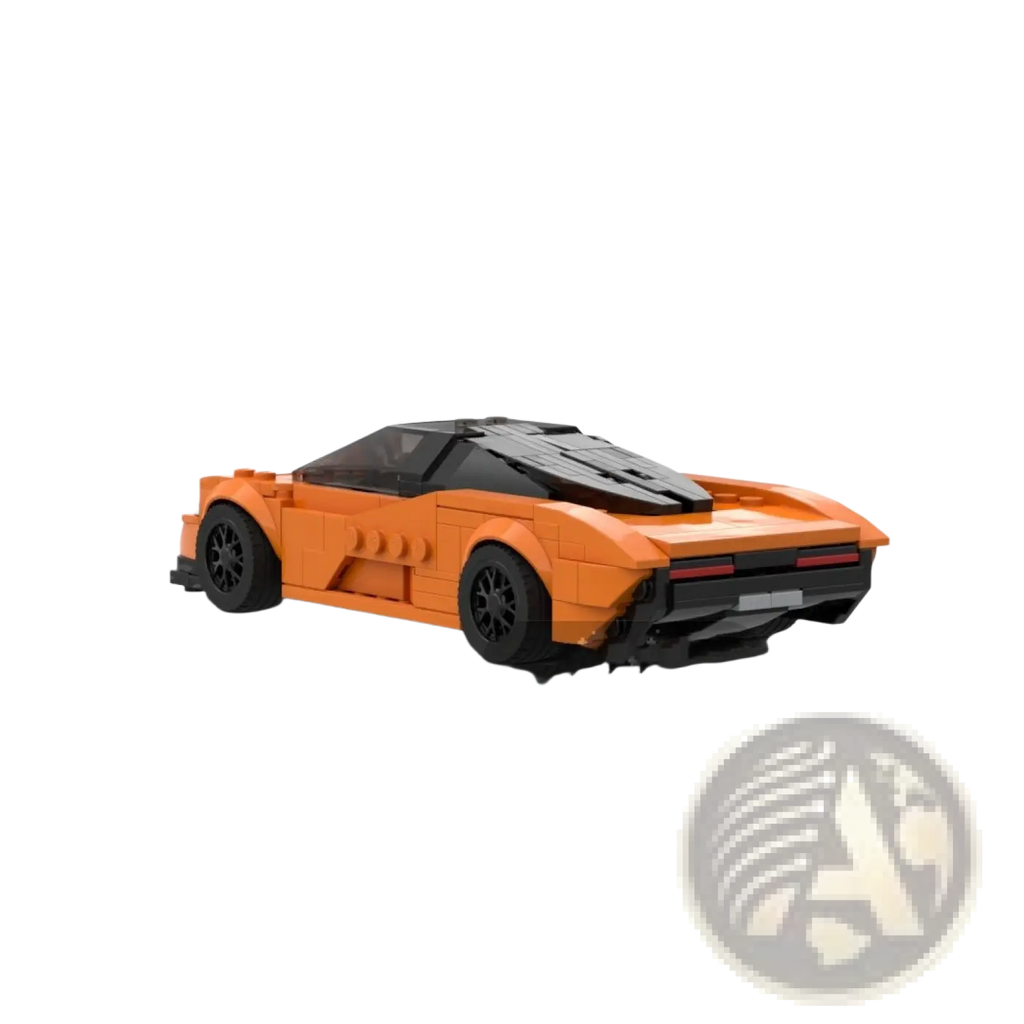 Vibrant orange mclaren speedtail sports car toy made of lego blocks with black accents and detailed wheels