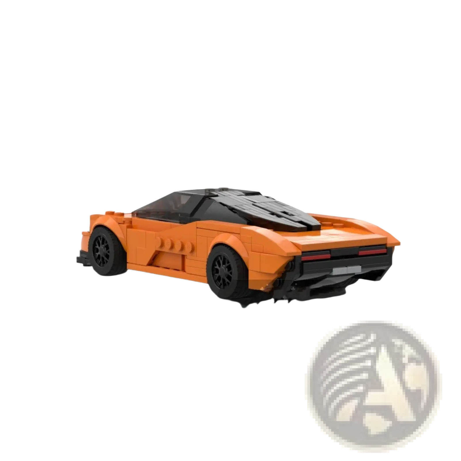 Vibrant orange mclaren speedtail sports car toy made of lego blocks with black accents and detailed wheels