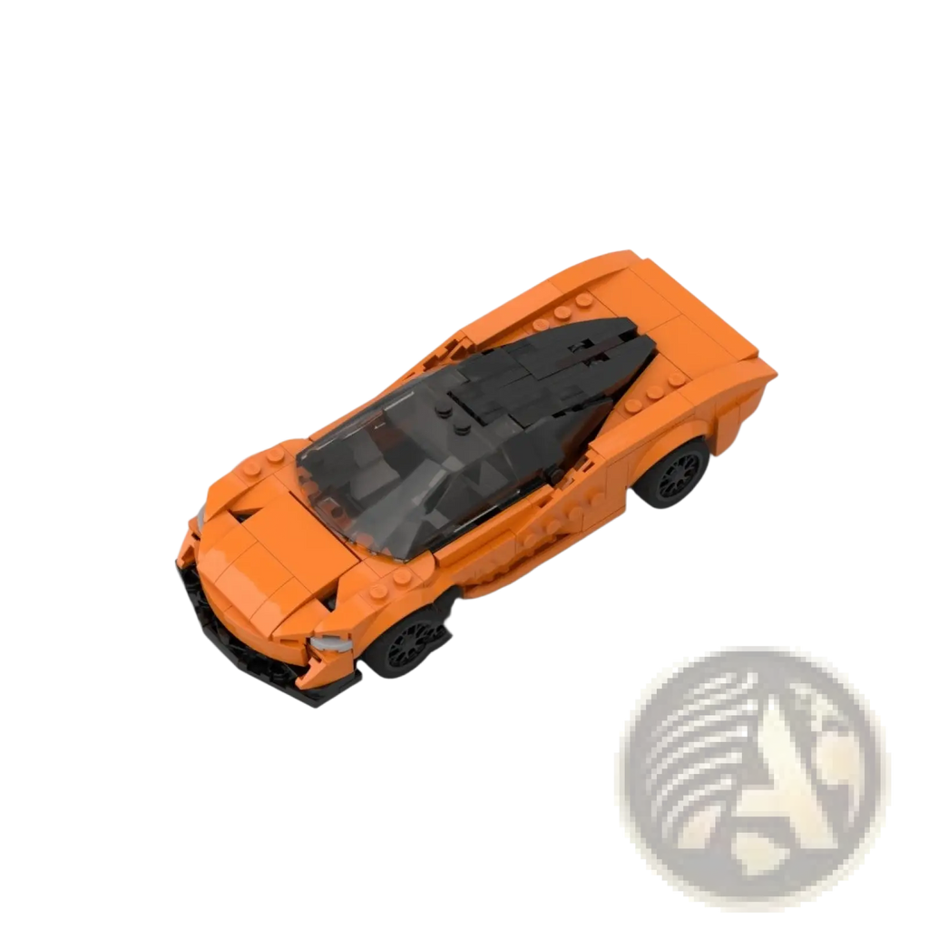 Orange and black lego model of a McLaren Speedtail sports car toy made of building blocks shown from the back side