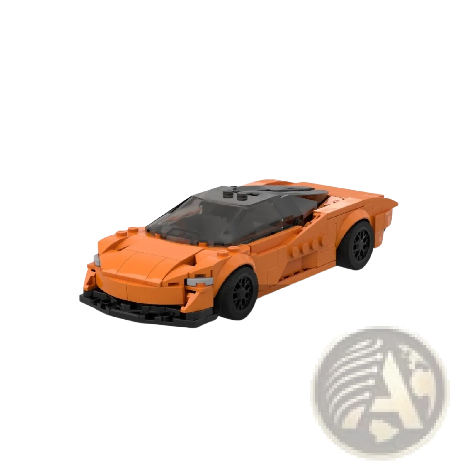 Orange Mclaren Speedtail building block sports car toy with black wheels and transparent roof shown from the front side